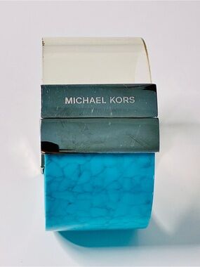 Michael Kors Faux Turquoise Marbled Resin Clamper Cuff Silver-Tone Hardware